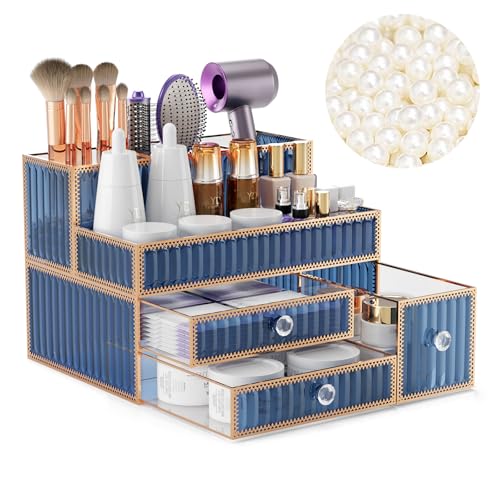 Youdepot Blue Tempered Glass Makeup Organizer (blue | Glass)