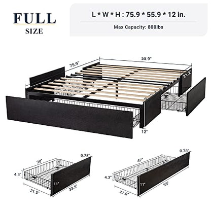 Allewie Full Size Platform Storage Bed Frame with 3 Drawers, Black