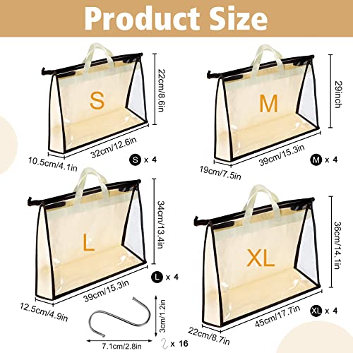 16 Pack Clear Handbag Storage Organizer with 16 Stainless Steel S-Hooks, 4 Assorted Sizes, Anti-Dust Moisture-Proof Purse Storage Bags with Zipper and Handle for Closet Hanging, Wallet Dust Cover Set