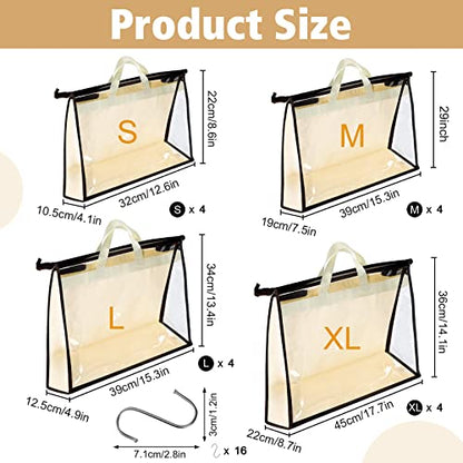 16 Pack Clear Handbag Storage Organizer with 16 Stainless Steel S-Hooks, 4 Assorted Sizes, Anti-Dust Moisture-Proof Purse Storage Bags with Zipper and Handle for Closet Hanging, Wallet Dust Cover Set