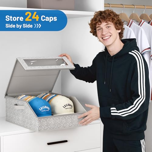 Sturdy Hat Storage for Baseball Caps, Holds up to 24 Caps Clear Hat Organizer for Closet, Bedroom, Wide Hat Box with Cardboard (Grey)