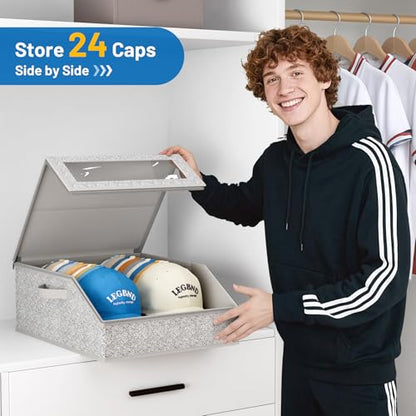 Sturdy Hat Storage for Baseball Caps, Holds up to 24 Caps Clear Hat Organizer for Closet, Bedroom, Wide Hat Box with Cardboard (Grey)