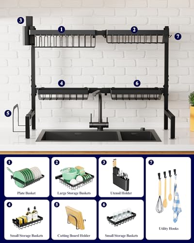 Kitsure Adjustable Over The Sink Dish Drying Rack, 26.8" -33.9"x21.5" | Sink Drying Rack for Kitchen Sink, Dish Rack Over Sink with Cutlery & Utensil Holders, Kitchen Storage, Black
