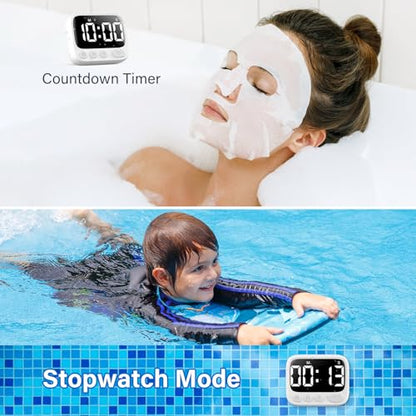 HAUKINIX Shower Timer Waterproof Bathroom Toilet Timer Digital Kitchen for Wall Mount, Study w/Foldable Stand, Countdown Stopwatch w/Suction Cup for Swim, Rechargeable, White