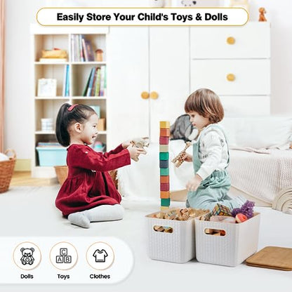Ohmlove 4 Packs Storage Bins with Bamboo Lids - Plastic Storage Containers with Lids Stackable Storage Box：Storages Baskets for Organizing Desktop Closet Playroom Classroom Office,White