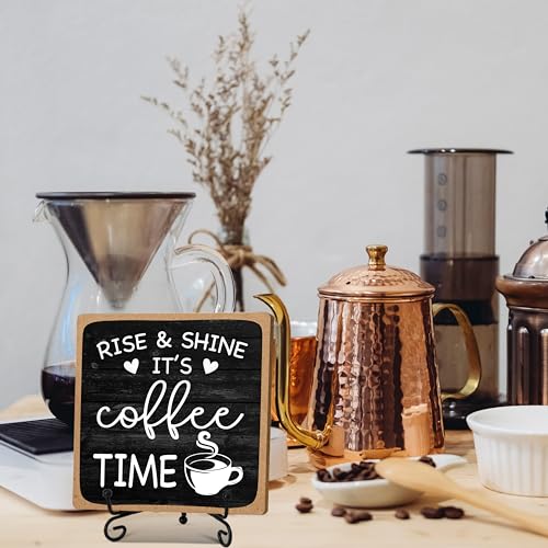 Farmhouse Coffee Bar Sign, Rise & Shine It's Coffee Time | 5"x5" Wood Plaque with Stand Gift for Home Kitchen Tabletop Decor | B09