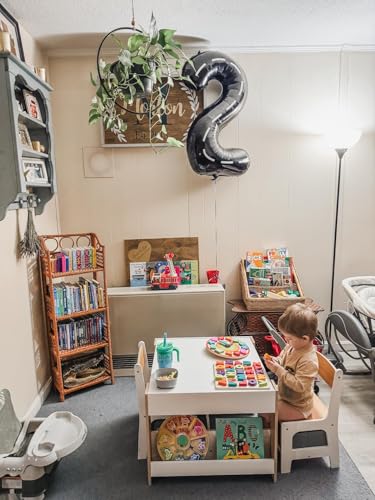 Asweets Kids Table and Chair Set,4 in 1 Toddler Desk with Storage Drawer,Wooden Activity Table for 2 in 1 Detachable Tabletop,Bookshelf,Suitable for Classroom,Home,Nursery,Playroom (Natural White)