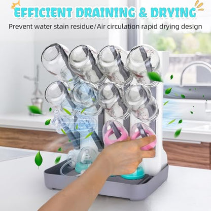 Baby Bottle Drying Rack: Space Saving Vertical Bottle Drying Holder with Brushes Holder - Large Bottle Storage Holder Organizer 12 Bottles & Baby Accessories,BPA-Free, Gray