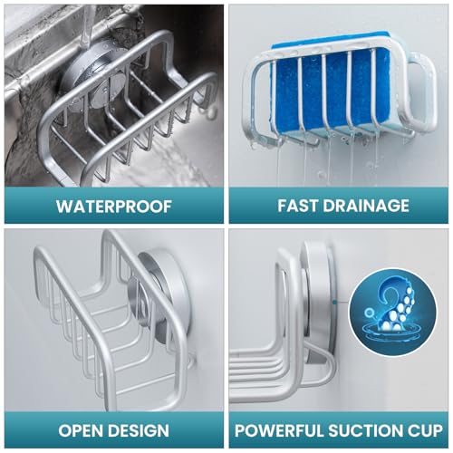 TAILI Sponge Holder for Kitchen Sink with Strong Suction Cup, Rustproof Aluminum Sink Caddy for Sponges, Removable Sponge Holder, Dish Brush for Scraper - Silver