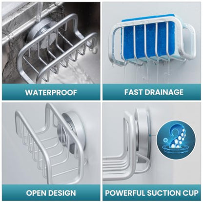 TAILI Sponge Holder for Kitchen Sink with Strong Suction Cup, Rustproof Aluminum Sink Caddy for Sponges, Removable Sponge Holder, Dish Brush for Scraper - Silver