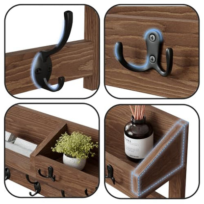 Wall Hooks with Shelf, 26.57 Inch Entryway Wood Coat Hooks for Wall with Shelf, Coat Rack Wall Mount with 5 Dual Hooks 3 Key Hooks Mail Organizer and Key Rack Holder (Brown)