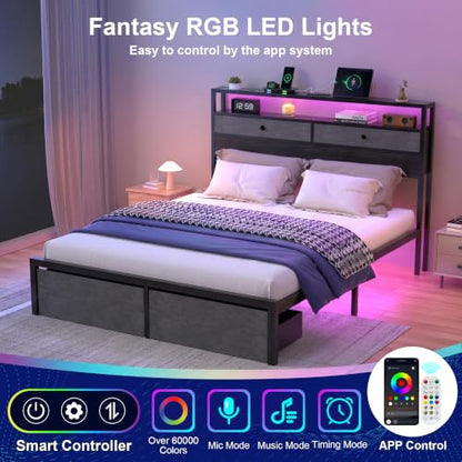 Queen Bed Frame with LED Lights and Charging Station, Platform Bed with Metal Slats, Wood Headboard with 2 Fabric Drawers and Storage Shelves, No Box Spring Needed