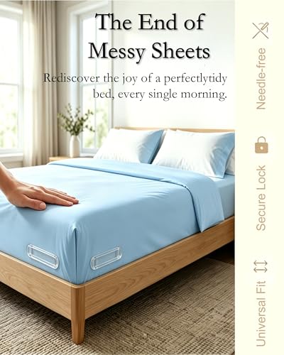 4Pcs Upgrade Bed Sheet Holders & Straps for Corners–Heavy Duty Non-Slip Fitted Sheet Grippers & Lock Clips,Keep Sheets Firm & Tight,Easy Install Lock Design for All Mattress Sizes,No More Loose Sheets