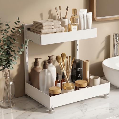Under Sink Organizer, Bathroom Counter Organizer, 2 Packs 2-Tier Metal, Under Cabinet Storage, Makeup Storage, Adjustable Height & Slide-Out Drawer for Kitchen Bathroom, White
