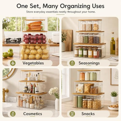 3 Pack Pantry Organizers and Storage Bins with Bamboo Lids,Trash Bag Holder | Stackable Containers for Potato,Onion,Fruit,Vegetable,Clear Dispenser for Kitchen Countertop,Cabinet and Under Sink