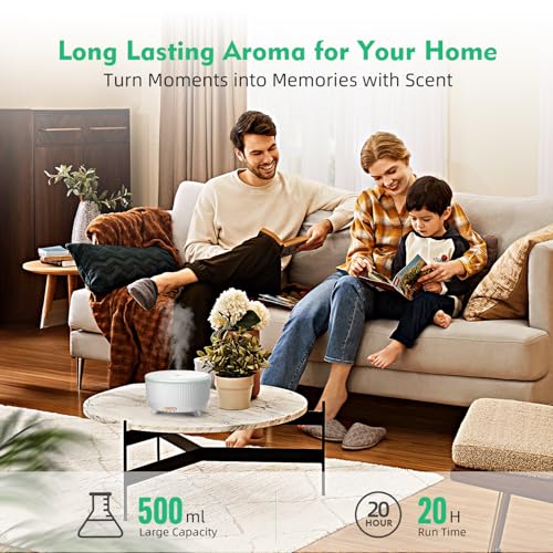 20-Hour Long-Lasting Aromatherapy, 500ML Essential Oil Diffuser | Ultrasonic Cool Mist Humidifier with Remote Control, 7 Color Lights, Timer, Auto-Off for Home/Bedroom/Yoga (Minimalist White)