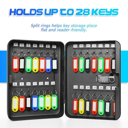 28 Key Cabinet Wall Mount, Steel Key Box Wall Mount with Code, Combination Lock Box with Code, Featuring Hooks and Tags