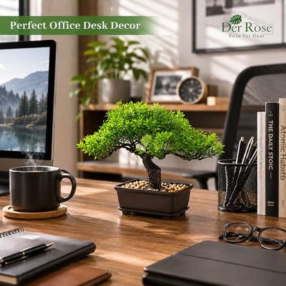 Der Rose Small Fake Bonsai Tree Ficus Decor Fake Plant for Shelf Desk Decor | 8" artificial bonsai tree with textured trunk, broad canopy and pebble base for bathroom desk shelf, Japanese and Zen decor