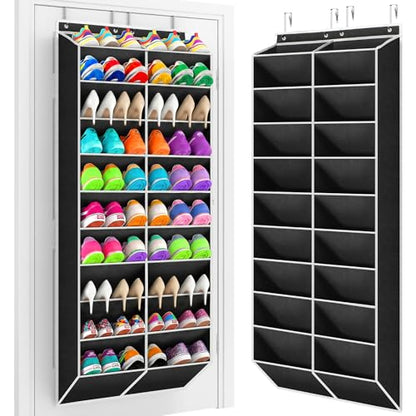 Yecaye 30 Pairs Over the Door Shoe Organizer, Large Capacity Hanging Shoe Rack for Door Hanger with Deep Pockets, Heavy Duty 10 Tier Shoe Holder for Sneakers Boots Heels College Dorm Essentials, Black