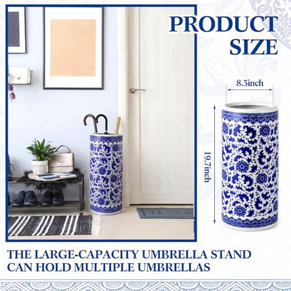 Sawysine Blue and White Ceramic Umbrella Stand, Floral Design Floor Vase for Entryway Indoor Decorative, 19.7" Heavy Porcelain Holder for Umbrellas Canes Home Decor(19.7 Inch,Lotus in Vine)