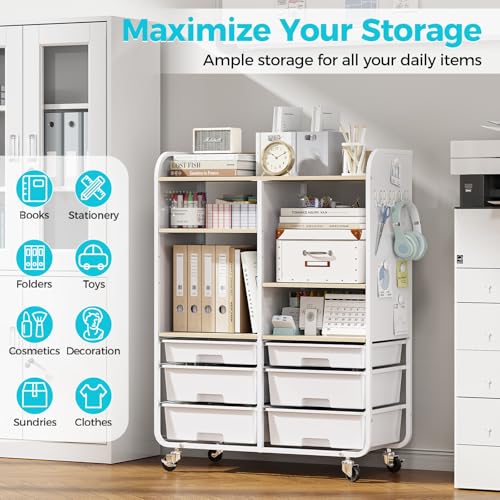 6 Drawers Rolling Storage Cabinet with Wood Top& Pegboards White | Utility Craft Cart with Adjustable Shelves & Lockable Wheels for Classroom, Home Office & Art Studio, Household Organization
