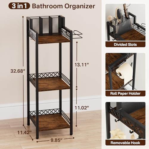 Bathroom Storage and Organizer Shelf Hair Dryer Holder, 9.85in | 3-Tier Narrow Metal Standing Rack with Toilet Paper Holder,Makeup Stand for Cosmetic, Vanity, Kitchen, Laundry Rustic Brown