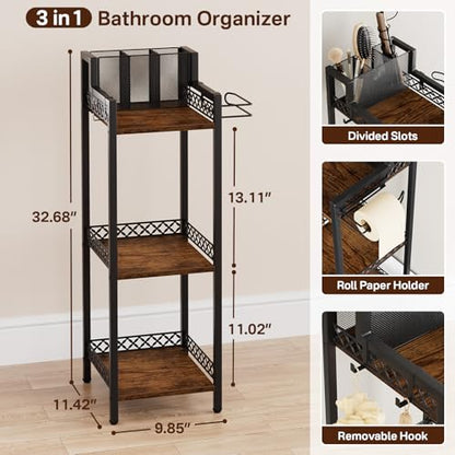 Bathroom Storage and Organizer Shelf Hair Dryer Holder, 9.85in | 3-Tier Narrow Metal Standing Rack with Toilet Paper Holder,Makeup Stand for Cosmetic, Vanity, Kitchen, Laundry Rustic Brown