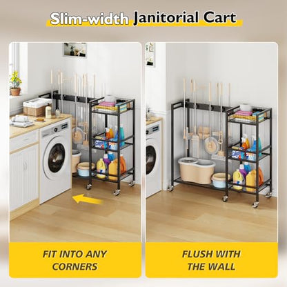 Broom Holder with Cleaning Supplies Organizer, Movable Broom Closet Storage Cabinet with Cleaning Caddy, Cleaning Cart with Mop Rack, Janitorial Housekeeping Cart on Wheels, Laundry Room Organization