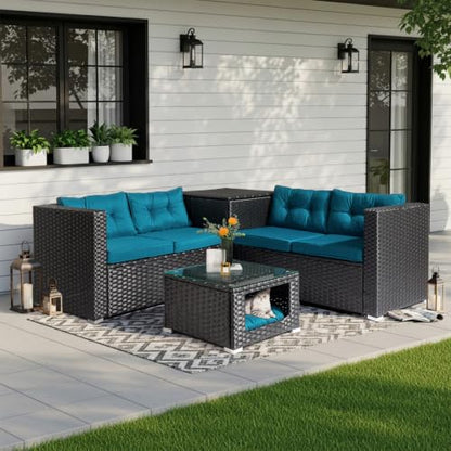 VINGLI 4 Pieces Outdoor Sectional Wicker Patio Furniture with Storage, Patio Sectional Sofa Outdoor Couch Conversation Set, Glass Top Coffee Table for Backyard, Pool, Garden(Black)