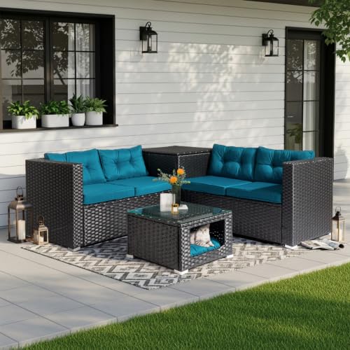 VINGLI 4 Pieces Outdoor Sectional Wicker Patio Furniture with Storage, Patio Sectional Sofa Outdoor Couch Conversation Set, Glass Top Coffee Table for Backyard, Pool, Garden(Black)