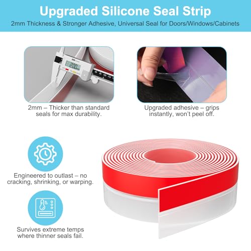 Elvone Weather Stripping Door Seal for Door Frames, 20'x2 x0.08, Clear | Self-adhesive flexible silicone seal tape for door frame gaps and window gaps. block drafts, dust, and noise