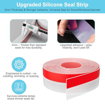 Elvone Weather Stripping Door Seal for Door Frames, 20'x2 x0.08, Clear | Self-adhesive flexible silicone seal tape for door frame gaps and window gaps. block drafts, dust, and noise