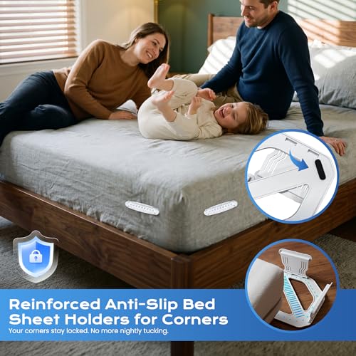 Bed Sheet Holders for Corners: No More Loose Sheets | Straps Heavy Duty Double-Sided Anti-Slip & Sheet Clips for Easy Installation Fits All Mattress Sizes (4PCS)