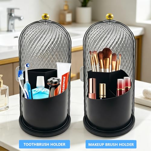 360° Rotating Toothbrush Holder with Cover, Dustproof Bathroom Countertop Organizer for Toothbrushes, Toothpaste, Floss Picks and Dental Accessories