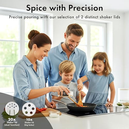 Glass Spice Jars with Label, Seasoning Set, 24x Black Steel Lids