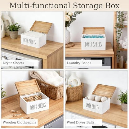 Dryer Sheet Holder, Laundry Wooden Container Holds 180 Sheets, White | Dust & Moisture Proof Sealed Lid, Printed Label Dispenser, Multi-use Storage for Softener Pods, Farmhouse Laundry Room Decor