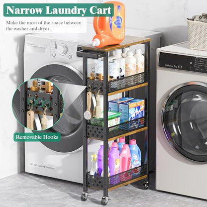 4-Tier Slim Rolling Storage Cart for Kitchen Bathroom Organizer, Mobile Narrow Storage Cabinet Utility Cart with Wood Rack on Wheels for Pantry Laundry Small Space