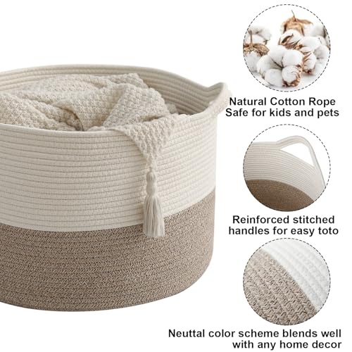 Large Woven Blanket Basket,65L Cotton Rope Laundry Basket | Collapsible Nursery Storage Bin with Sturdy Handles for Clothes, Toys, Pillows, Living Room Bedroom Bathroom - White & Brown
