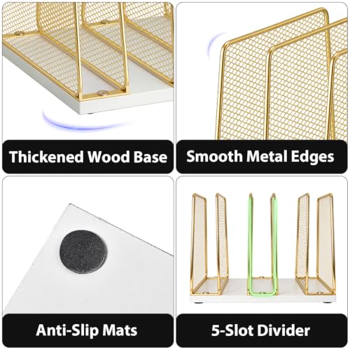 Gold Desk File Organizer, 5-Section Upright File Sorter, Vertical File Folder Holder, Mesh Metal Wood Office Desk Organizer for Document, Magazine, Books and more (White and Gold)