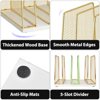 Gold Desk File Organizer, 5-Section Upright File Sorter, Vertical File Folder Holder, Mesh Metal Wood Office Desk Organizer for Document, Magazine, Books and more (White and Gold)