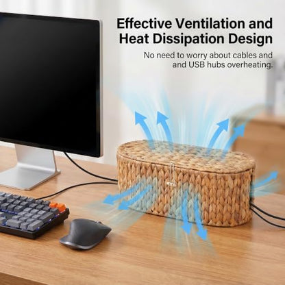 Set of 2 Cable Management Box, Handwoven Cord Hider Box with 3 Open Slots | Cable Organizer Box with Lockable Lid, Cord Storage Box to Hide Power Strip, Router, USB Hub, TV Wires for Home, Office