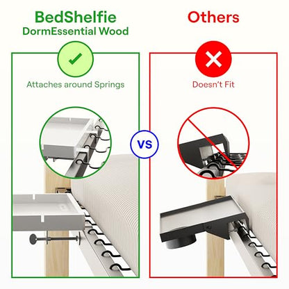 BedShelfie Wood Bedside Shelf for Dorm Room - White | Bunk Bed & Top Bunk, College Dorm Room Essentials, Loft Nightstand, Floating Bed Side Table Tray, By Smallish