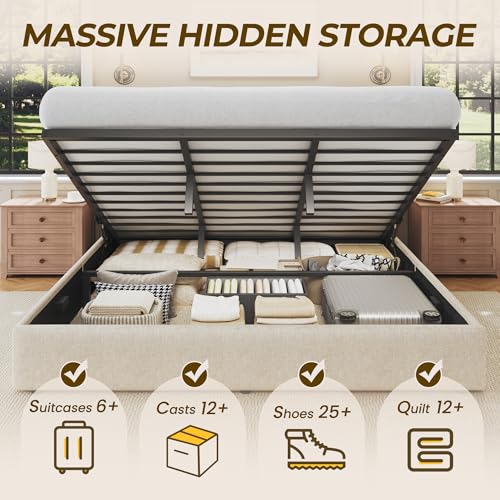 HISOFT King Size Lift Up Storage Bed Frame, Linen Upholstered Platform Bed with Wingback Headboard, Heavy Duty Hydraulic Gas Lift Underbed Space, Reinforced Full Metal Slats, Noise Free, Beige