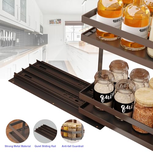 Mustorn 2 Pack Pull Out Spice Rack Organizer for Cabinet, 2 Tier Metal Slide Out Seasoning Organizer and Storage Heavy Duty Vertical Spice Rack Shelf Pullout for Kitchen Cabinets No Drilling (Black)