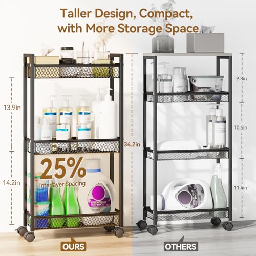 Slim Rolling Storage Cart, Metal 3 Tier Bathroom Storage Organizer Laundry Room Utility Cart for Kitchen, Bthroom, Makeup, Craft, Laundry Narrow Places, Black