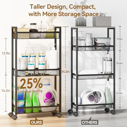 Slim Rolling Storage Cart, Metal 3 Tier Bathroom Storage Organizer Laundry Room Utility Cart for Kitchen, Bthroom, Makeup, Craft, Laundry Narrow Places, Black