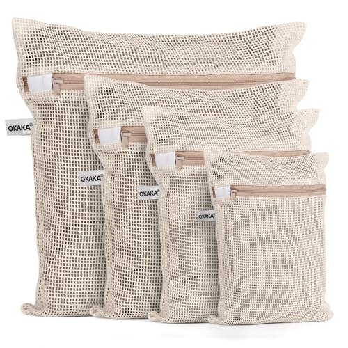 100% Cotton Mesh Laundry Bags, Premium Soft, No Dye, Set of 4, Natural