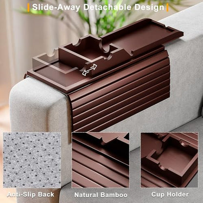 Bamboo Couch Armrest Table with Cup Holder Tray (Walnut) | 2 in 1 Anti-Slip Couch Caddy for Drinks Cellphone TV Remote Snacks