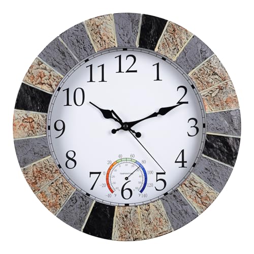 Outdoor Clock Waterproof with Thermometer, 13 Inch Silent Rustic Resin Wall Clock Weatherproof Decor for Patio Pool Garden Porch, Faux-Stone Brown