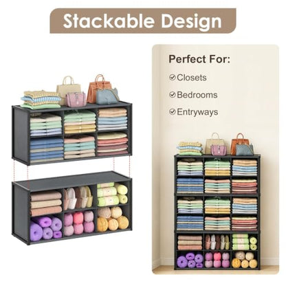 Stackable Closet Organizer Shelf,6 Cube Bins Storage Basket for Clothes, Handbags Sweaters Jeans Pants Shirt, Space Saving Closet Organizer for Bedroom Wardobe, Closet System-Grey